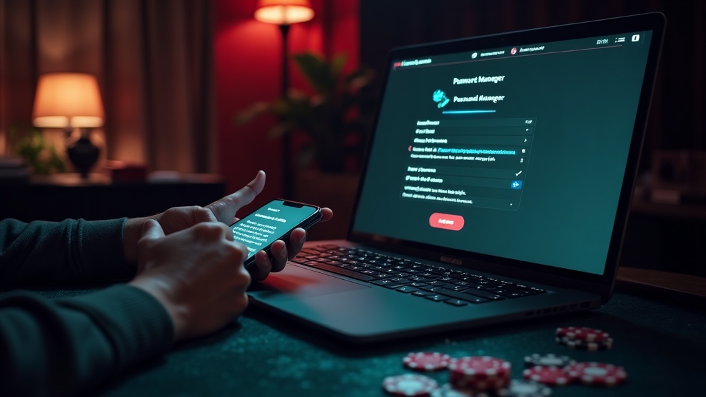 Player setting up secure casino account details with password manager and phone code
