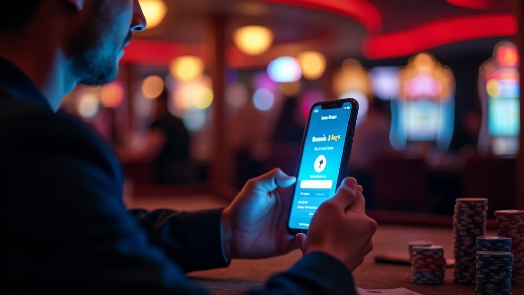 Smartphone app download screen in a dark casino lounge