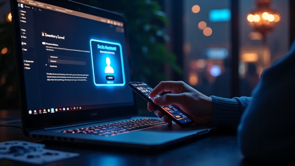 Player logging into casino account on desktop and phone in a dark casino setting