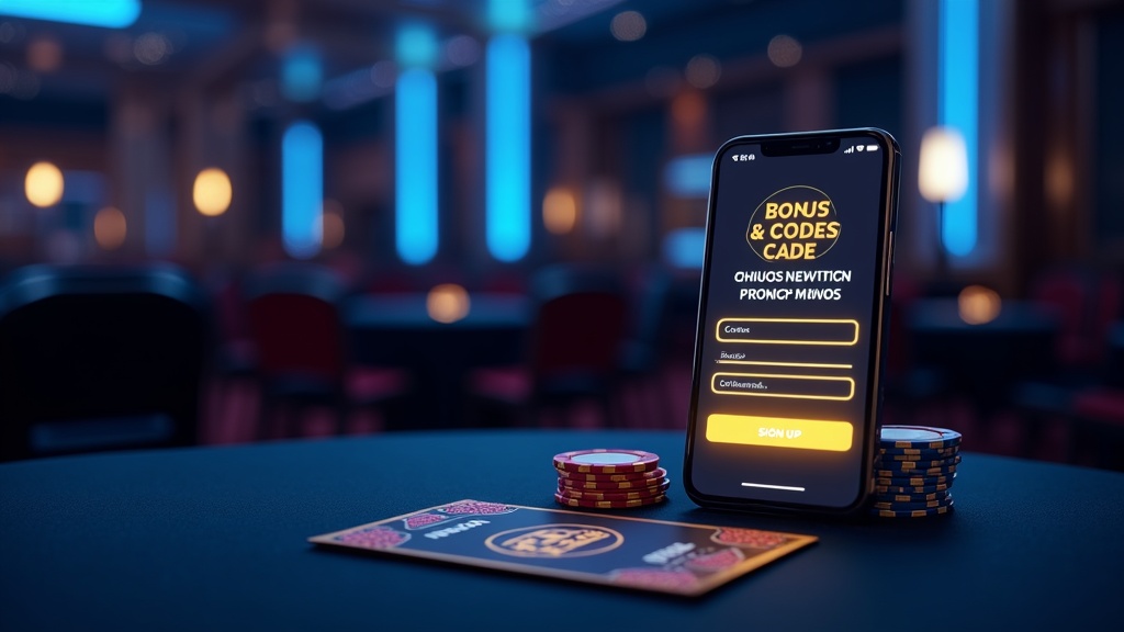 Promo code card and smartphone in a dark casino setting
